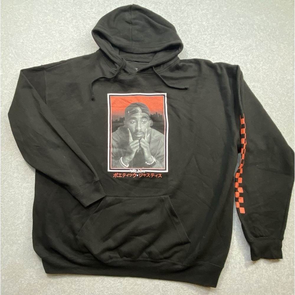 Tupac Hoodie Sz‎ 2XL Mens Black Streetwear 2Pac Graphic Checkered Poetic Justice